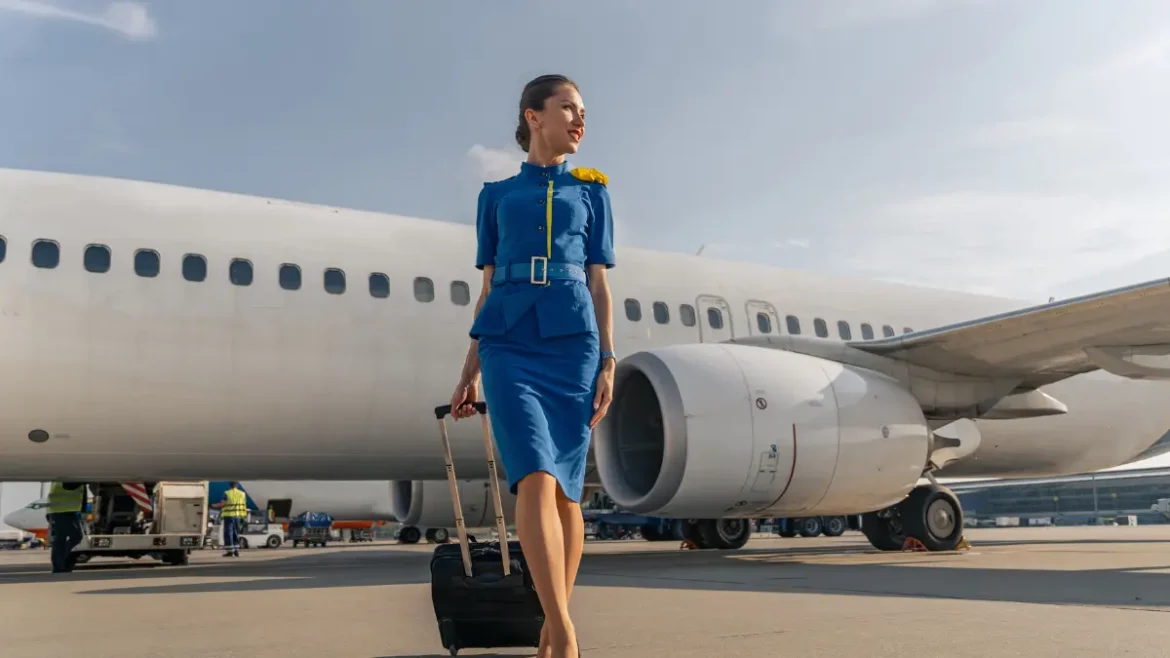 hotesse de l'air devant un avion